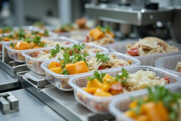 Prepared meals in plastic containers on a conveyor belt.