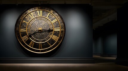 Obraz premium Intricately designed old Byzantine clock face gold detailing mounted museum wall with dim lighting artistic expression of religious and imperial timekeeping on 
