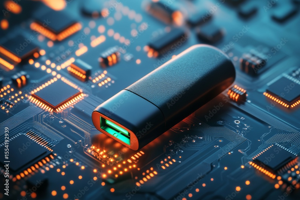 Poster detailed view of a computer circuit board with a component that glows green during the assembly stag