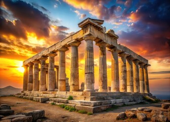 Obraz premium Ancient Greek temple ruins at sunset in Greece