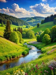 Fototapeta premium A serene landscape of rolling hills and lush green forests with a meandering stream running through it