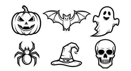 Assortment of spooky icons including pumpkin, bat, ghost, spider, hat, and skull illustrations