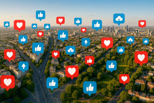 Aerial View Cityscape Social MediAIcons Red Blue Hearts Thumbs Up Upload Symbols Urban Landscape