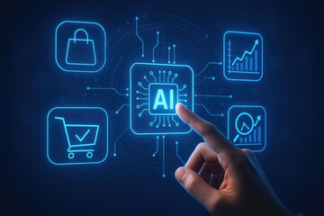 Ai Powered Shopping Interface Generation One Blue Digital Interface Hand Interacting with AI Shopping Cart and Graph Icons