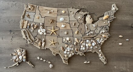 Driftwood USA Map Adorned with Seashells Creates a Unique Coastal Decor Piece