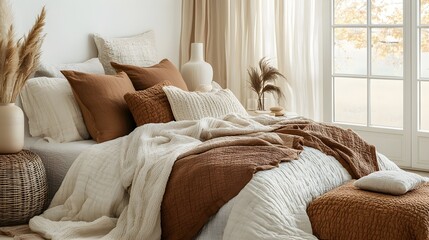 Cozy autumn bedroom decor neutral tones textured bedding