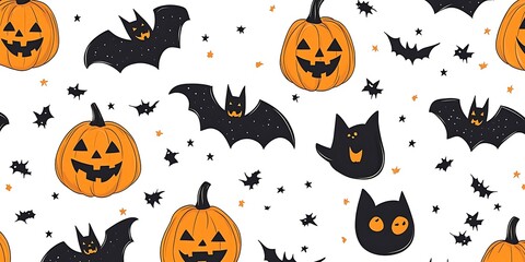 Fototapeta premium Halloween pattern, bats, pumpkins, ghosts.