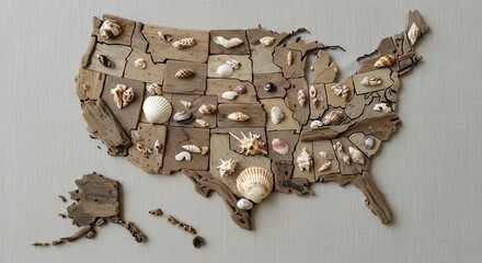 Driftwood Map of the USA Adorned with Seashells