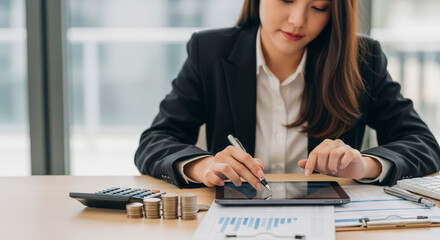 Young Asian Woman in Black Blazer Analyzing Financial Data on Tablet with Coins Stacks and Charts on Wooden Table Near Bright Window