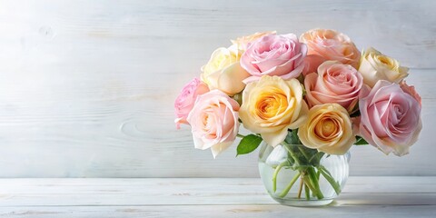 Pastel Roses in Vase on White Background