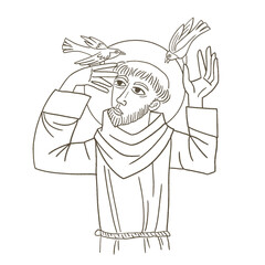 Drawing of Saint Francis of Assisi, line drawing black and white vector design.
