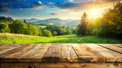 Rustic wooden table in a countryside setting with a blurred green landscape behind it