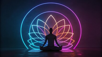 Silhouette meditating in lotus position with neon lotus flower and circles behind him