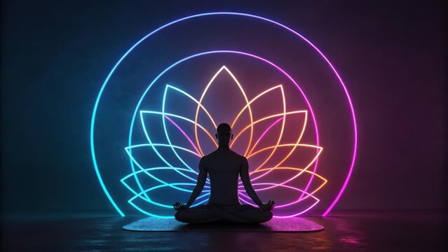 Silhouette meditating in lotus position with neon lotus flower and circles behind him - Powered by Adobe