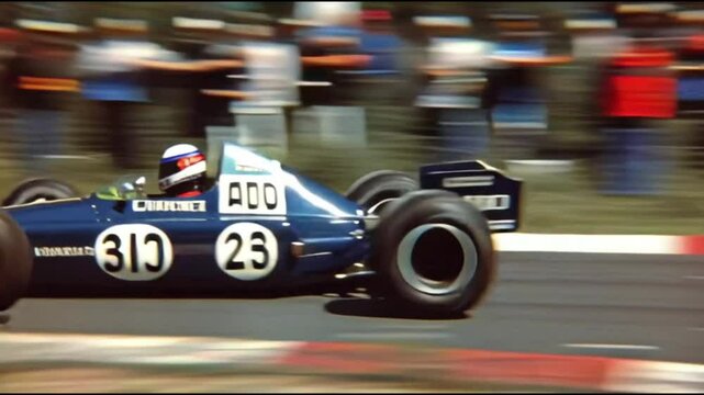 Vintage Formula One Race Blue and Gold Race Car Speeding on Track
