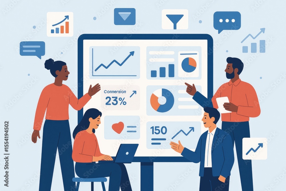 Poster diverse team collaborating on analytics dashboard showing growth charts graphs and data