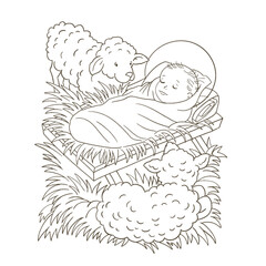 Cute merry Lord messiah night noel life. Jesus in manger, merry Christmas.