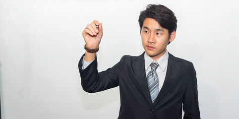 Handsome confident businessman wearing suit standing isolated over white background