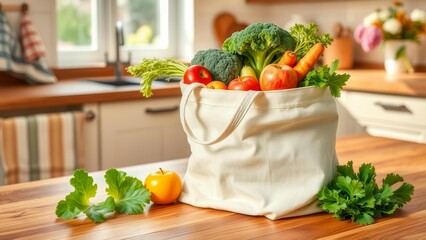 A reusable fabric bag with vegetables and fruits on a kitchen table. The scene symbolizes care for the environment and healthy eating. Natural colors emphasize the freshness of the products.