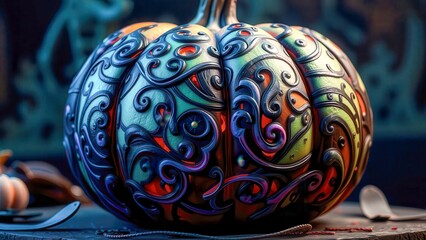 A vibrant Halloween pumpkin with a spooky design on a background in mystical shades of blue, purple and green. The details are crisp, the atmosphere is fairytale and ominous.