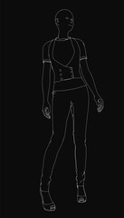 A confident woman in an elegant black and white outline drawing, wearing a detailed dress with a high neckline, long sleeves, and pleated skirt. Her hair is styled in a neat bun against a dark.