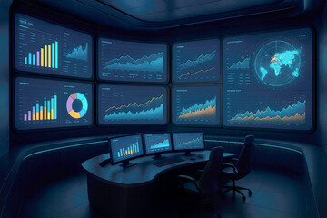 Futuristic Data Control Room Blue and Orange Data Visualizations on Large Screens