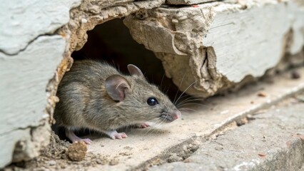 A small grey mouse emerges from a hole in the wall, looking around cautiously. The scene is filled with alertness and hidden activity. Perfect for pest and home themes.