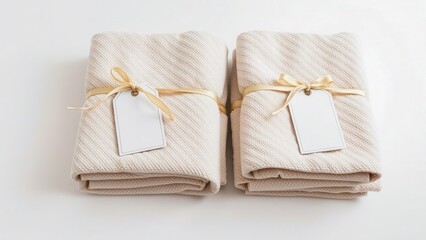 Folded towels with a label layout and decorative ribbon are designed in soft tones. They perfectly convey an atmosphere of cleanliness and comfort. Suitable for catalogs.