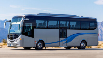 Side view of a passenger tourist bus with panoramic windows. A modern means of comfortable travel between cities. Perfect for tourism and transport.