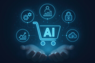 Glowing Blue AI Shopping Cart Icon Held in Hands Digital Retail Technology Concept