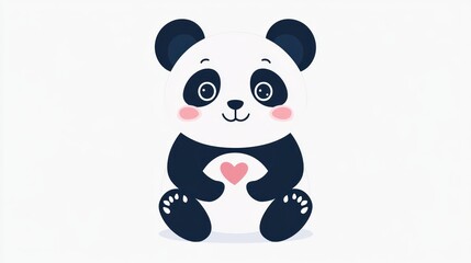 Fototapeta premium Adorable cartoon panda with a pink heart on a white background sits cutely