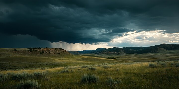 Dramatic storm clouds over rolling green hills