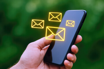 Hand holding black smartphone with glowing yellow email icons appearing above the screen against a blurred green background