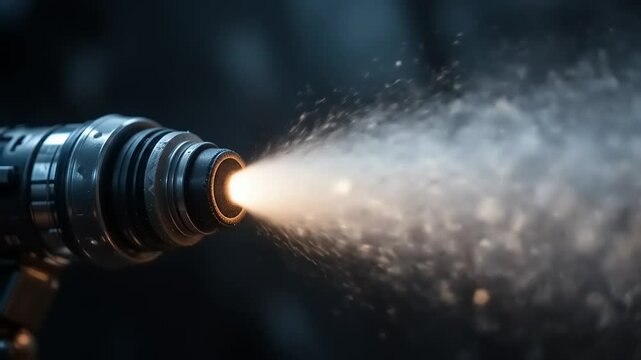 Glowing nozzle sprays mist with dark background.