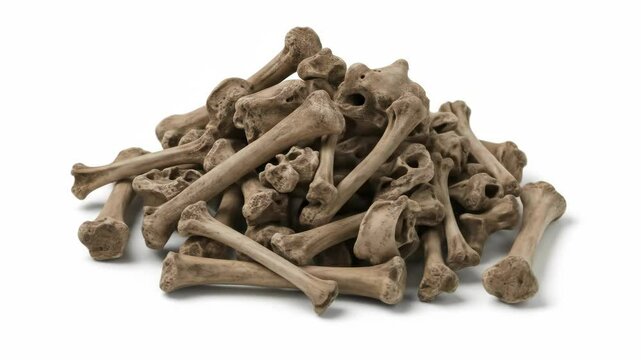 Pile of Animal Bones on White Background - A large pile of various sized light brown animal bones is arranged in a heap against a stark white background.