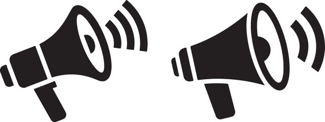 Two Black Silhouette Megaphones Broadcasting Announcements, Communication Icons, Vector Illustration