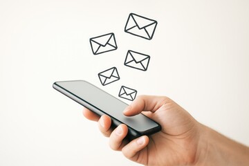Hand holding smartphone receiving digital email messages multiple envelopes floating towards screen modern communication technology concept