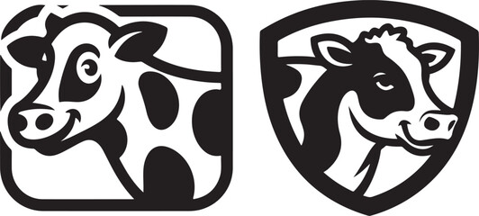Two Black and White Cow Head Illustrations Square and Shield Designs Perfect for Branding or Farm-Related Projects