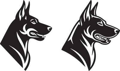 Two Doberman Pinscher Head Silhouettes, Black and White Vector Illustration, Profile Views