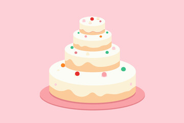  A round white cake with colorful details in the frosting, with another smaller round cake on top of it, and another one even smaller on top of it, creating a pyramid-like shape