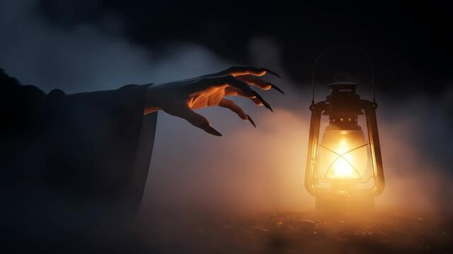 Mysterious Hand Reaching for Glowing Lantern at Night - A shadowy figure's hand with long, sharp nails reaches towards a glowing kerosene lantern in a foggy, dark environment.