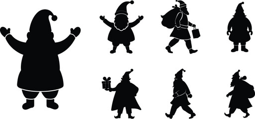 Collection of 7 black Santa Claus silhouettes in various poses with gifts and bags vector isolated on transparent background 