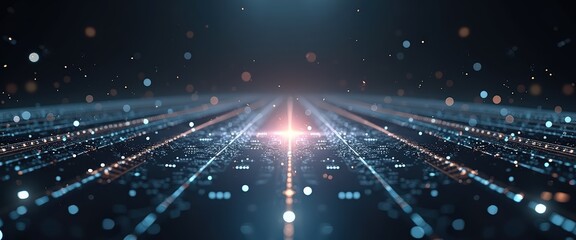 Futuristic Digital Background with Glowing Particles and Light Rays in Abstract Design