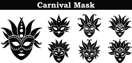 Collection of ornate black carnival masks with feather details in a silhouette style isolated on transparent background