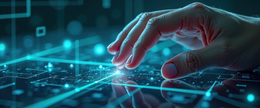 Hand Touching Digital Interface with Glowing Elements in Futuristic Virtual Environment