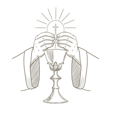 Jesus Eucharist, catholic illustration. First Holy communion sacred chalice.