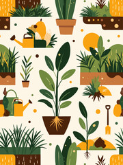 symbols of fertile land and agriculture, sprouting plants, seeds, leaves, farming tools, soil layers, watering cans, sun, rain, roots, green fields, maize, cassava, and rice plants