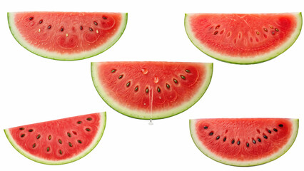 Sliced watermelon pieces arranged artistically on a white background.
