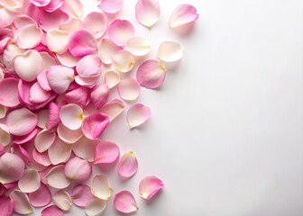 Obraz premium Soft pink rose petals scattered on a bright white background
