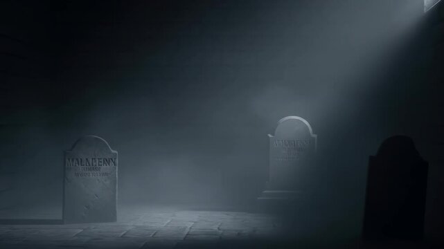 Spooky Graveyard Scene with Tombstones in Fog - Two weathered tombstones stand in a dimly lit, fog-filled crypt, bathed in a single beam of light from a high window.